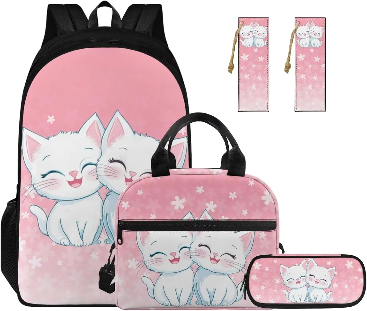 Cute Cat 4th Grade Backpack for Girls Kids Book Bag 4-in-1 Elementary School Bags for Girls Casual Daypack Backpacks with Lunch Box Pencil Case Bookmarks for Primary Students