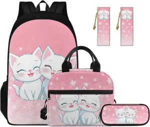 Cute Cat 4th Grade Backpack for Girls Kids Book Bag 4-in-1 Elementary School Bags for Girls Casual Daypack Backpacks with Lunch Box Pencil Case Bookmarks for Primary Students