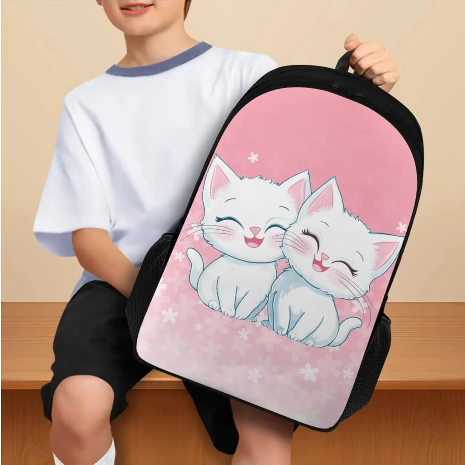 Cute Cat 4th Grade Backpack for Girls Kids Book Bag 4-in-1 Elementary School Bags for Girls Casual Daypack Backpacks with Lunch Box Pencil Case Bookmarks for Primary Students