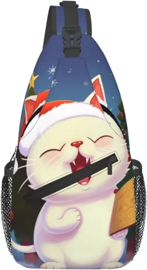 Cute Cat Sing Christmas Carols Crossbody Bags for Men Women Fashion Sling Backpack Casual Chest Bag Travel Hiking Daypack