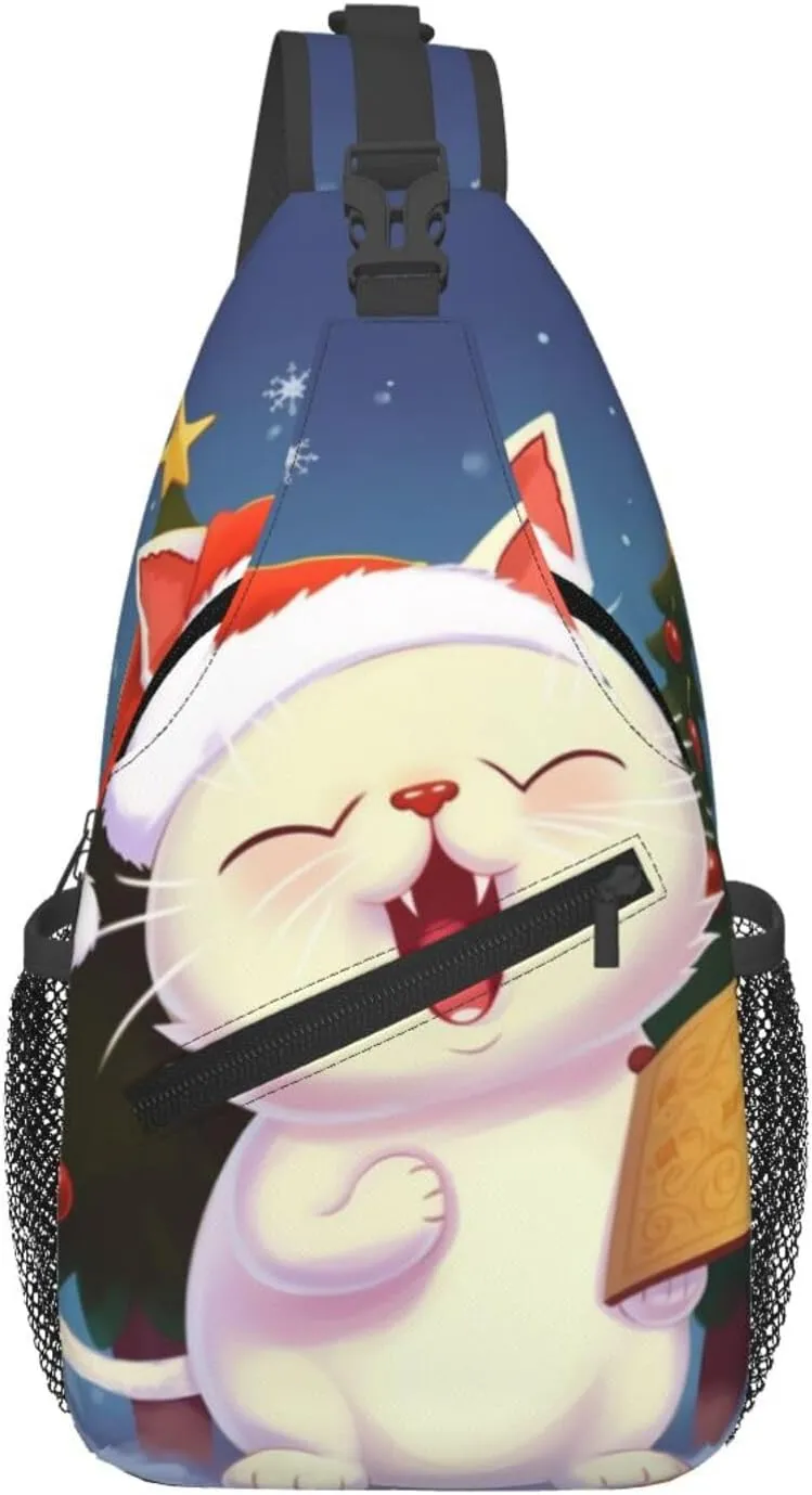 Cute Cat Sing Christmas Carols Crossbody Bags for Men Women Fashion Sling Backpack Casual Chest Bag Travel Hiking Daypack