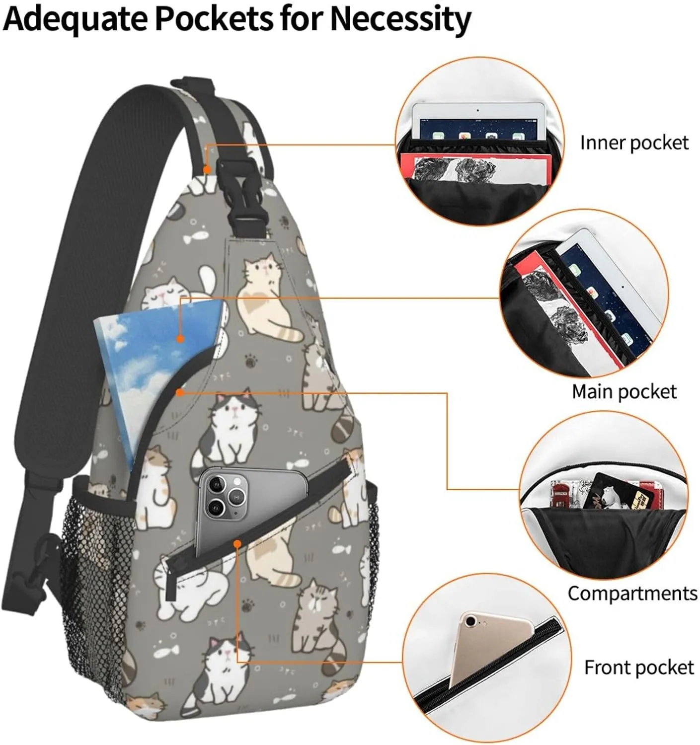 Cute Cat Sling Bag for Women Men Crossbody Sling Backpack Cat Shoulder Bag Chest Bag Daypack for Travel, Hiking