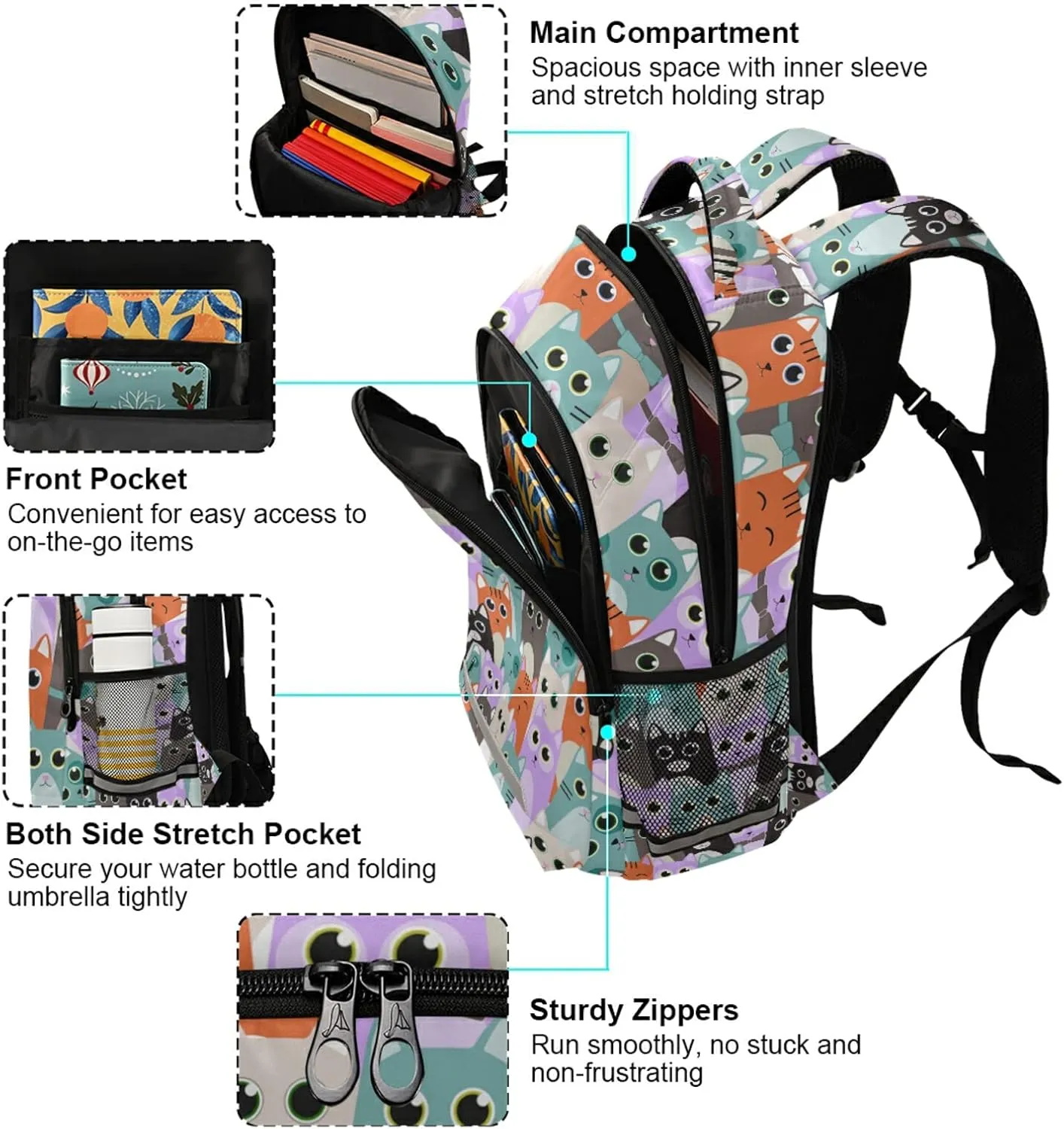 Cute Cats School Backpack for Boys Girls Portable Wide shoulder strap Backpack Lightweight Travel Bag College Casual Daypack with Reflective Strip Large