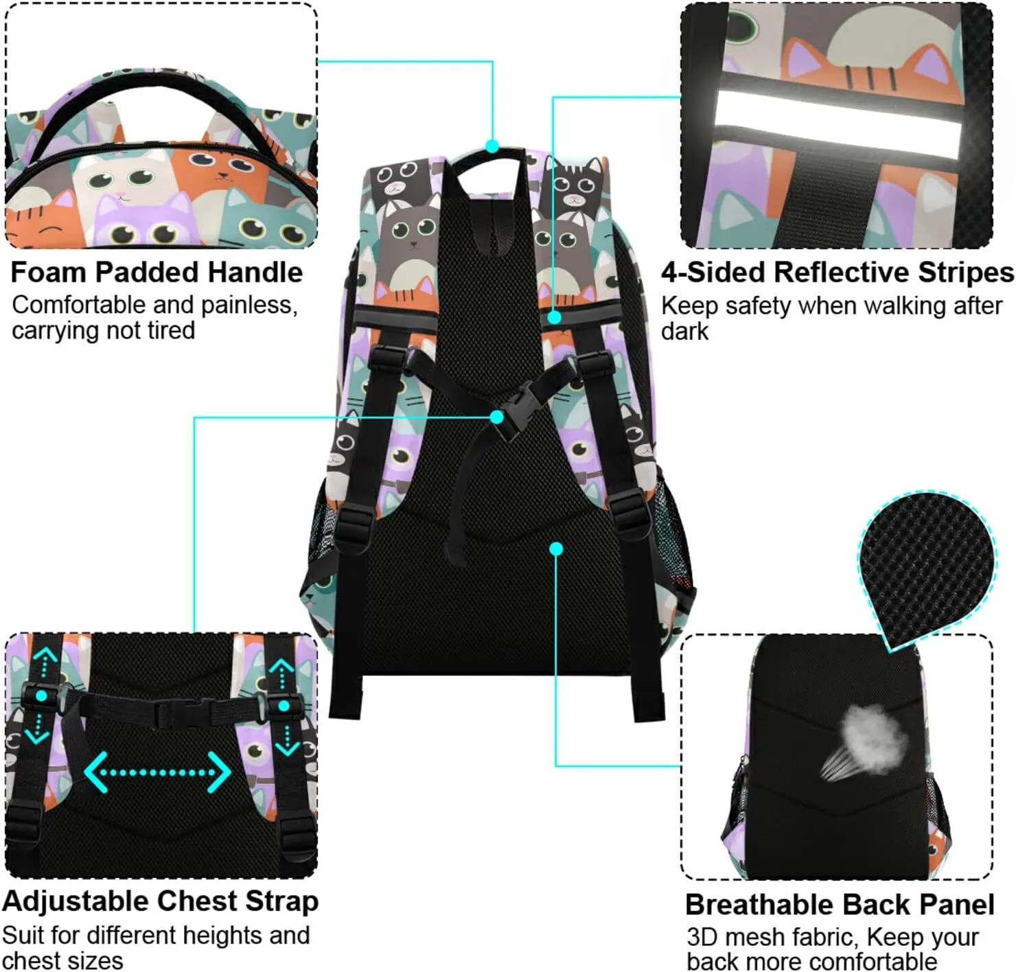 Cute Cats School Backpack for Boys Girls Portable Wide shoulder strap Backpack Lightweight Travel Bag College Casual Daypack with Reflective Strip Large
