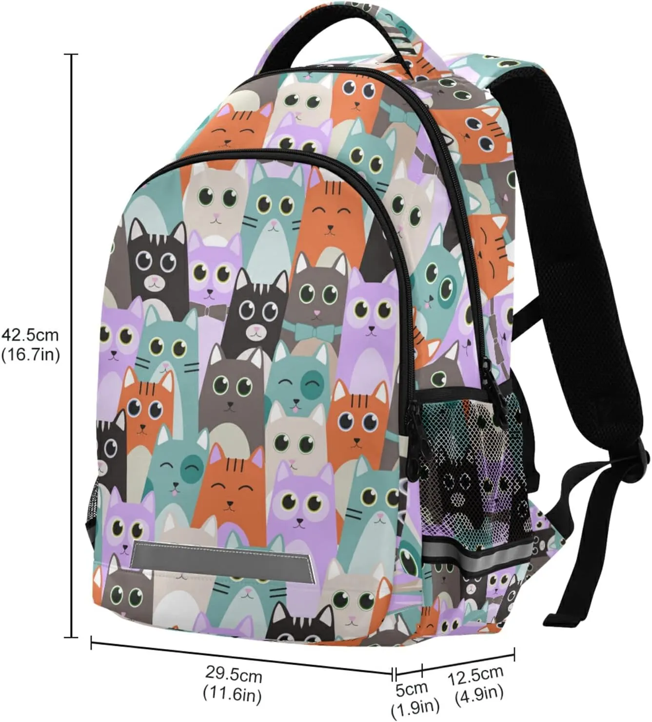 Cute Cats School Backpack for Boys Girls Portable Wide shoulder strap Backpack Lightweight Travel Bag College Casual Daypack with Reflective Strip Large