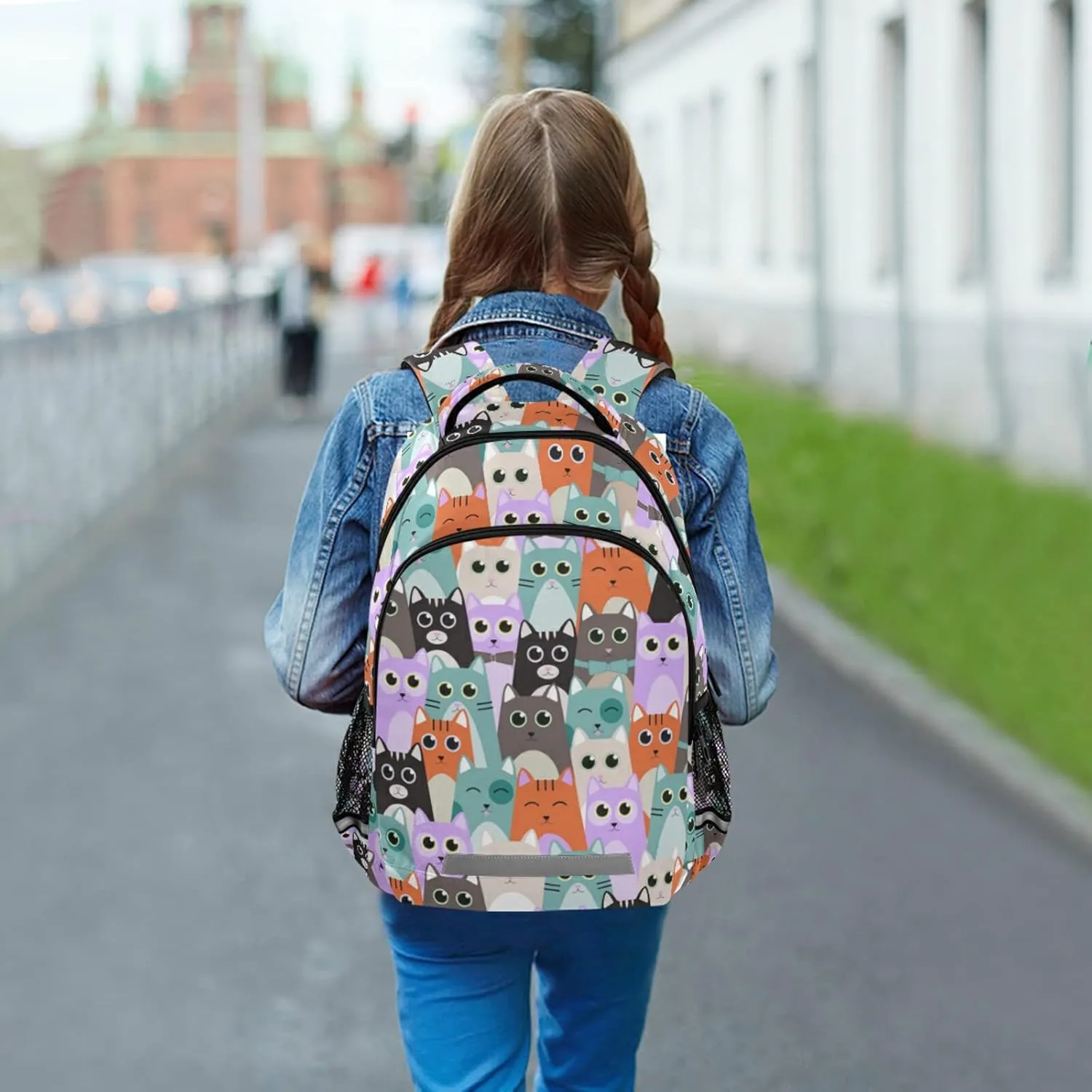 Cute Cats School Backpack for Boys Girls Portable Wide shoulder strap Backpack Lightweight Travel Bag College Casual Daypack with Reflective Strip Large