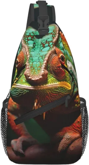 Cute Chameleon Print Crossbody Sling Bag, Lightweight Shoulder Backpack Adjustable Outdoor Travel Cycling Bag