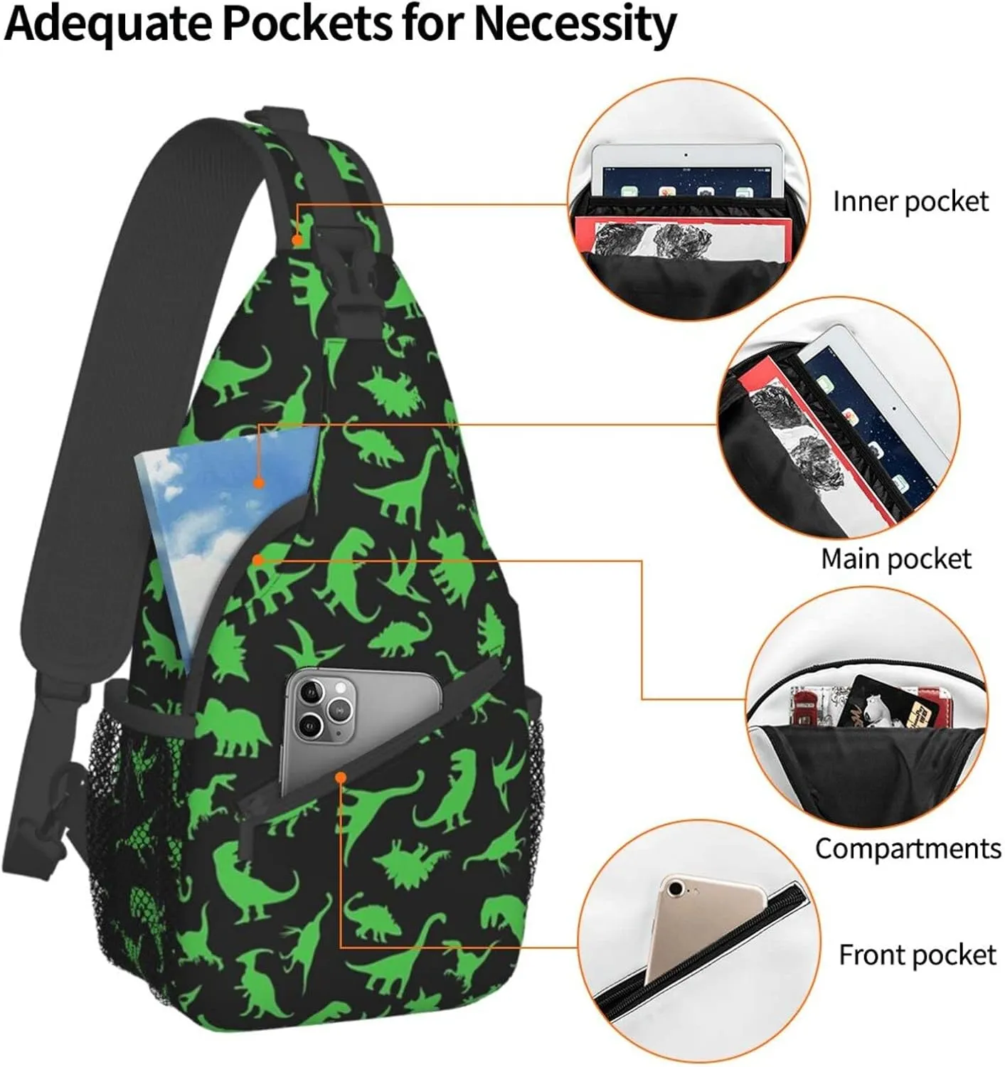 Cute Dinosaur Sling Backpack Unisex Dino Chest Bags Crossbody Travel Hiking Daypack For Women Men Shoulder Bag