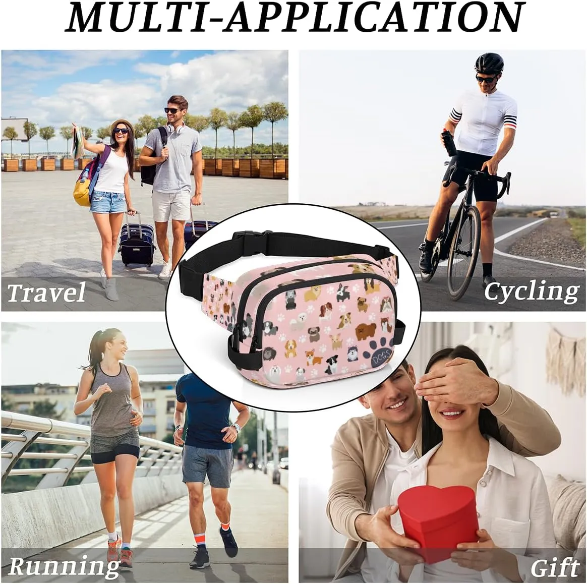 Cute Dog Puppy Set Paw Print Pink Fanny Pack for Men Women, Waterproof Travel Square Waist Bag Pack, Crossbody Chest Belt Bum Sling Bag Shoulder Bag Purse for Travel Hiking Cycling Running