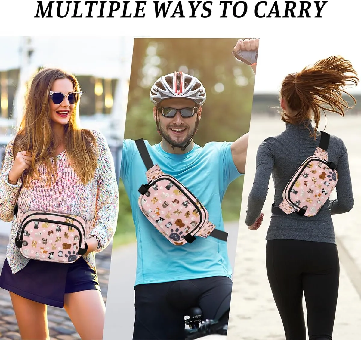 Cute Dog Puppy Set Paw Print Pink Fanny Pack for Men Women, Waterproof Travel Square Waist Bag Pack, Crossbody Chest Belt Bum Sling Bag Shoulder Bag Purse for Travel Hiking Cycling Running