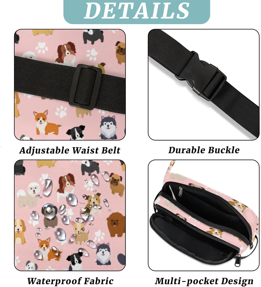 Cute Dog Puppy Set Paw Print Pink Fanny Pack for Men Women, Waterproof Travel Square Waist Bag Pack, Crossbody Chest Belt Bum Sling Bag Shoulder Bag Purse for Travel Hiking Cycling Running