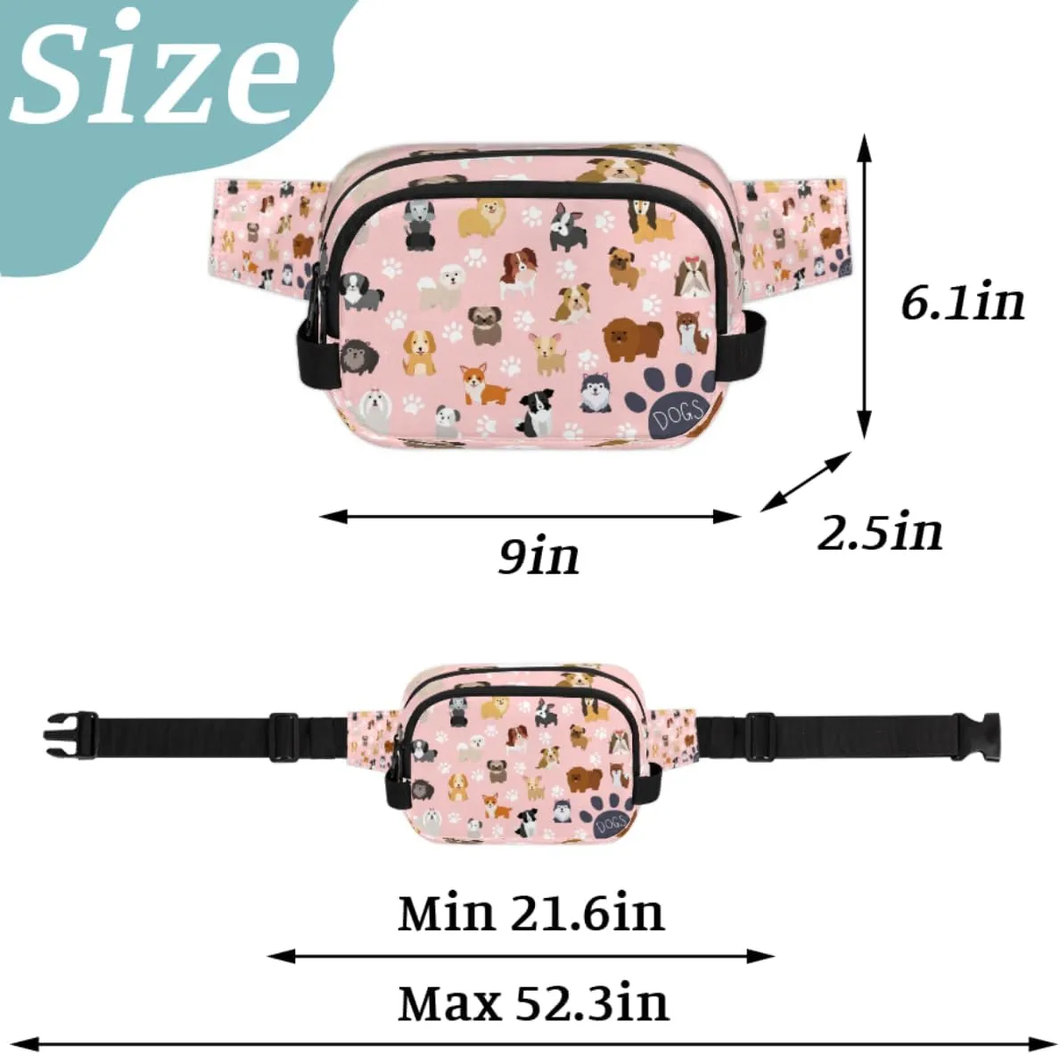 Cute Dog Puppy Set Paw Print Pink Fanny Pack for Men Women, Waterproof Travel Square Waist Bag Pack, Crossbody Chest Belt Bum Sling Bag Shoulder Bag Purse for Travel Hiking Cycling Running