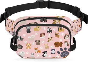 Cute Dog Puppy Set Paw Print Pink Fanny Pack for Men Women, Waterproof Travel Square Waist Bag Pack, Crossbody Chest Belt Bum Sling Bag Shoulder Bag Purse for Travel Hiking Cycling Running