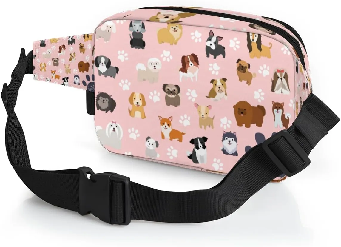 Cute Dog Puppy Set Paw Print Pink Fanny Pack for Men Women, Waterproof Travel Square Waist Bag Pack, Crossbody Chest Belt Bum Sling Bag Shoulder Bag Purse for Travel Hiking Cycling Running