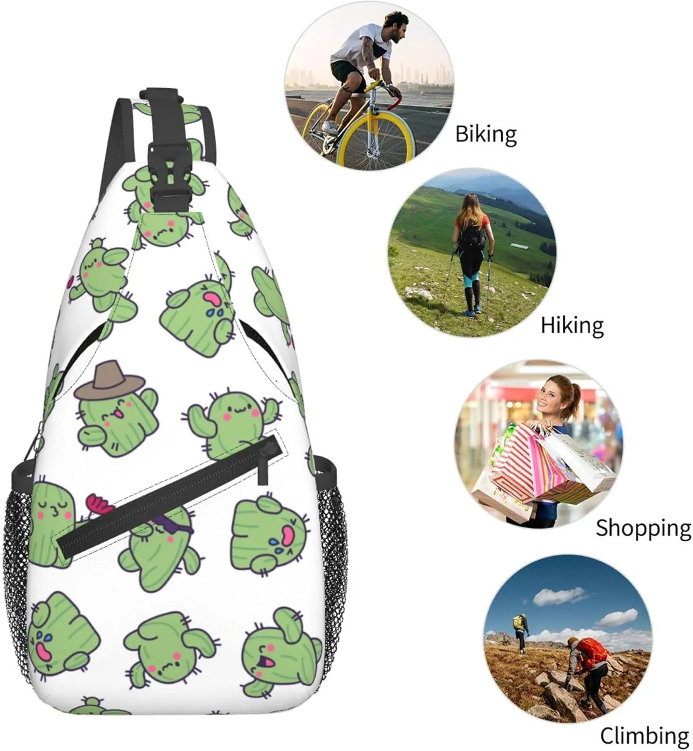 Cute Funny Cactus Sling Backpack Crossbody Bag, Chest Bag Daypack for Outdoors Hiking Traveling