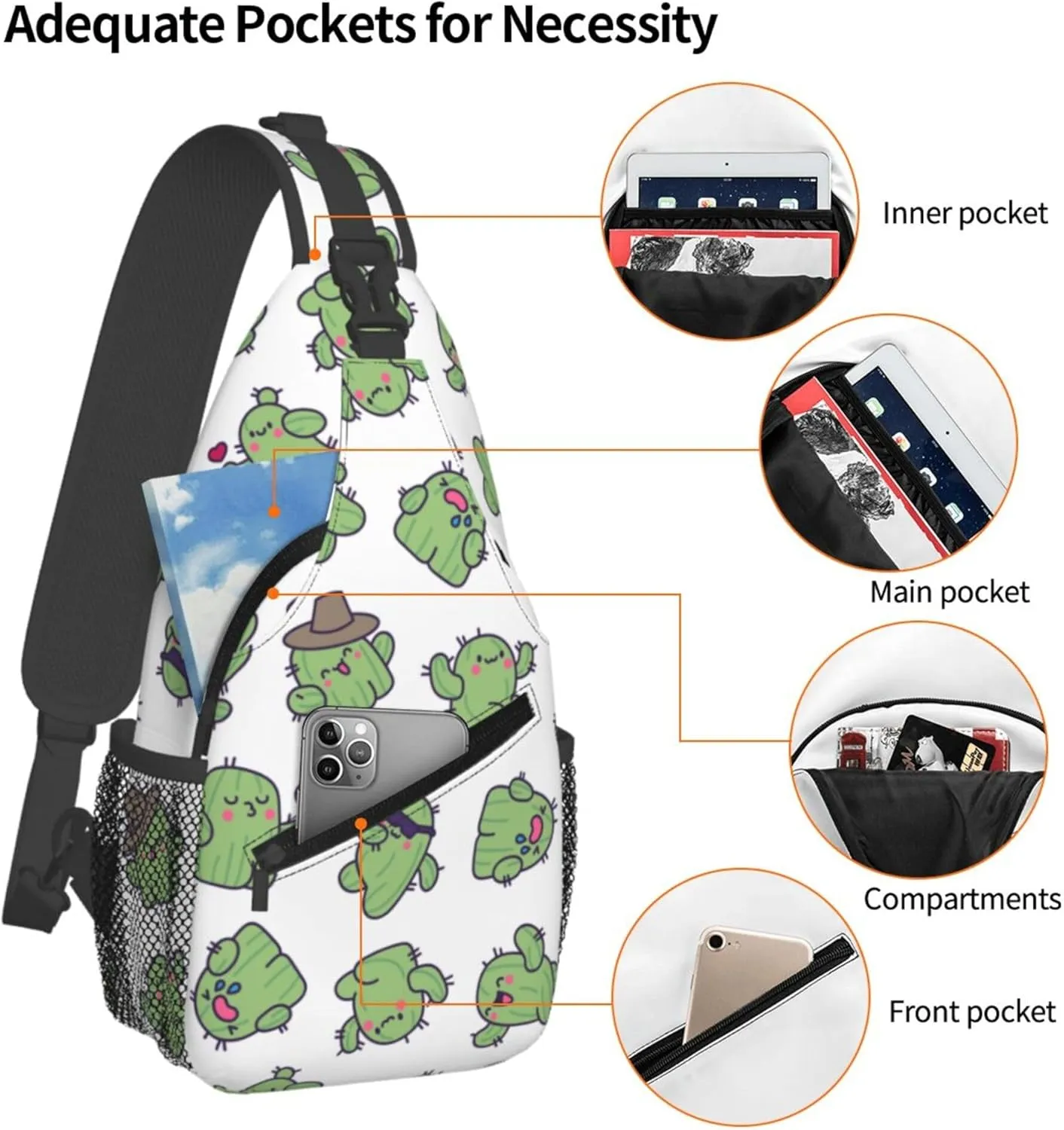 Cute Funny Cactus Sling Backpack Crossbody Bag, Chest Bag Daypack for Outdoors Hiking Traveling