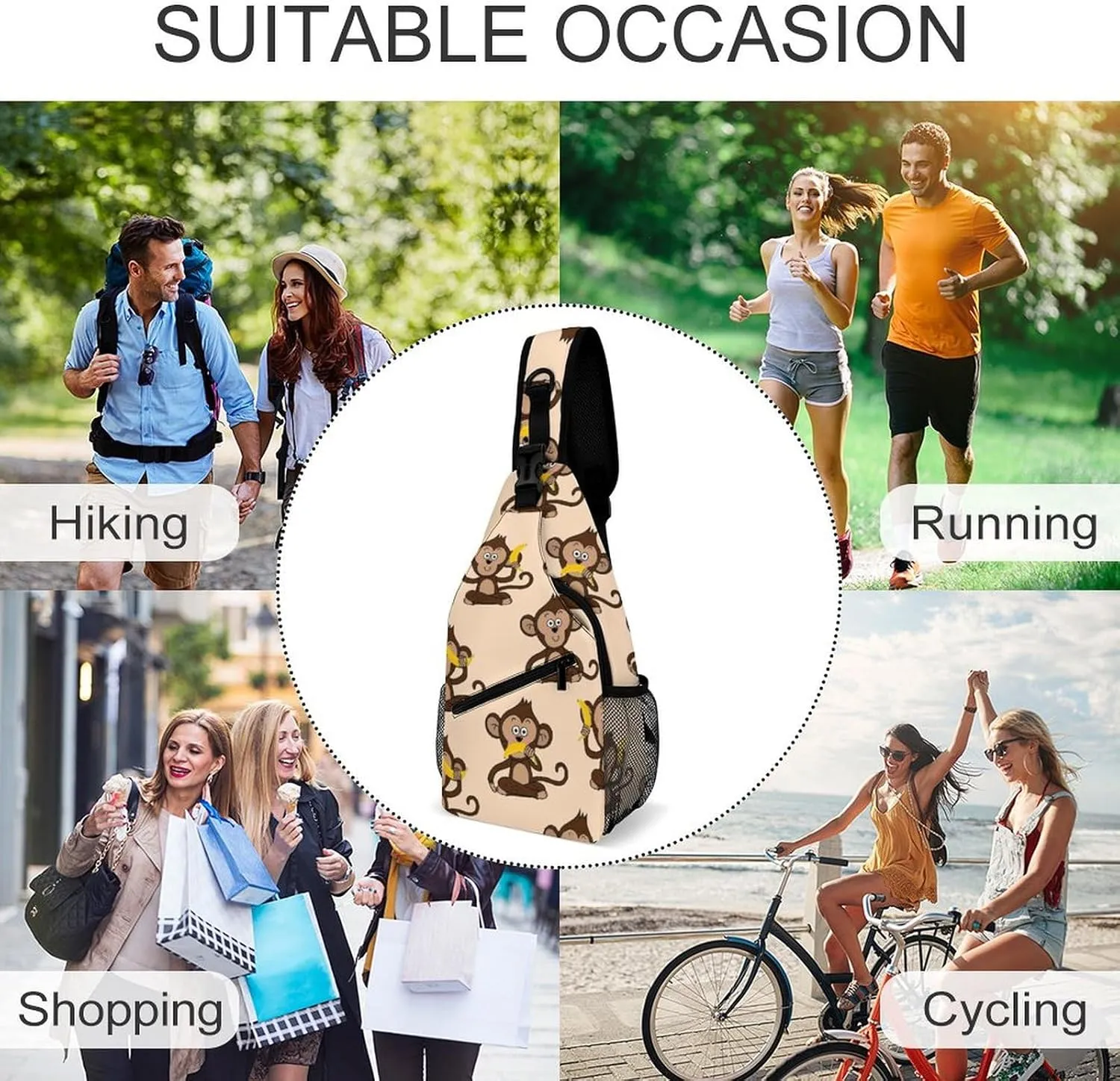 Cute Monkey Banana Sling Backpack Man Women Crossbody Backpack Chest Bag Cycling Daypack Shoulder Bag Small Cross Body Bags Outdoor Backpacks