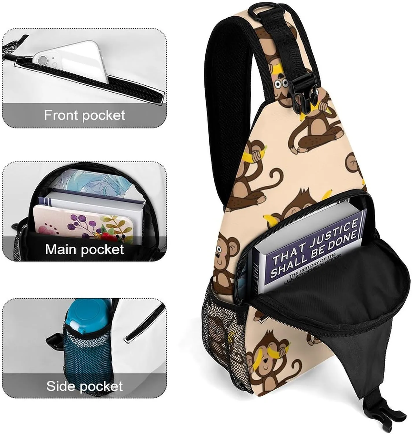 Cute Monkey Banana Sling Backpack Man Women Crossbody Backpack Chest Bag Cycling Daypack Shoulder Bag Small Cross Body Bags Outdoor Backpacks