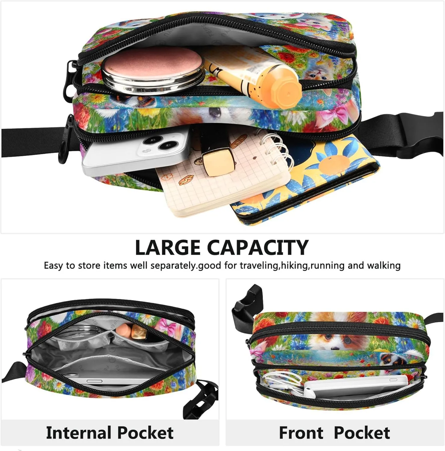 Cute Pets Colorful Floral Field Womens Fanny Pack Waterproof Hip Pack Belt Pouch Trendy Waist Pack for Women