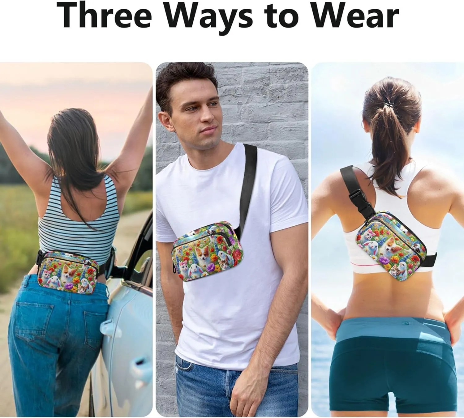Cute Pets Colorful Floral Field Womens Fanny Pack Waterproof Hip Pack Belt Pouch Trendy Waist Pack for Women