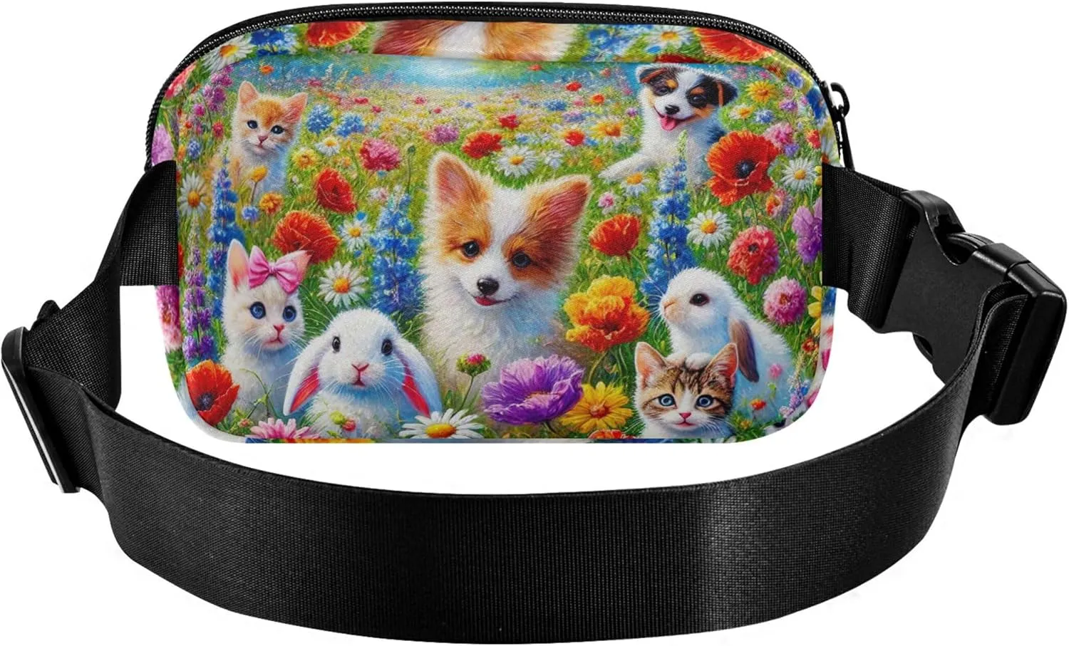 Cute Pets Colorful Floral Field Womens Fanny Pack Waterproof Hip Pack Belt Pouch Trendy Waist Pack for Women