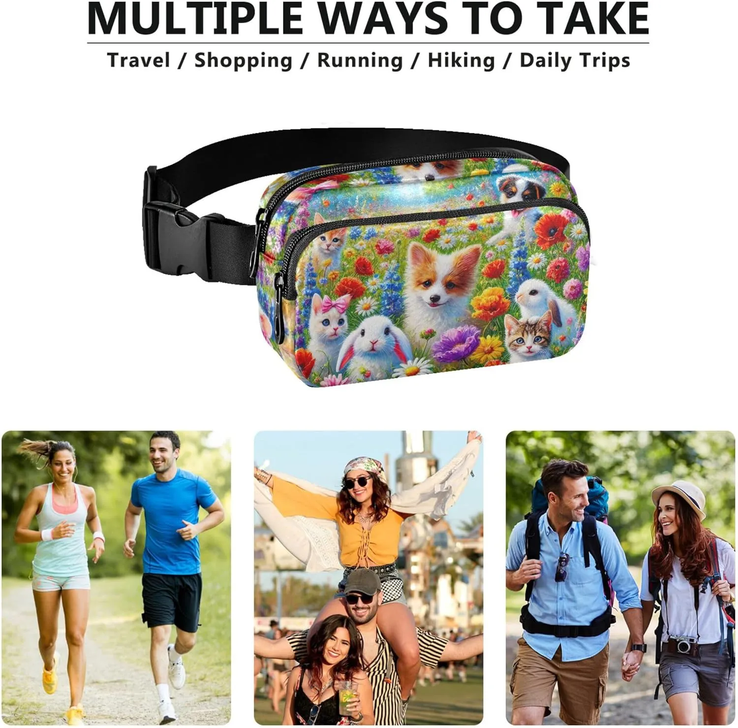 Cute Pets Colorful Floral Field Womens Fanny Pack Waterproof Hip Pack Belt Pouch Trendy Waist Pack for Women
