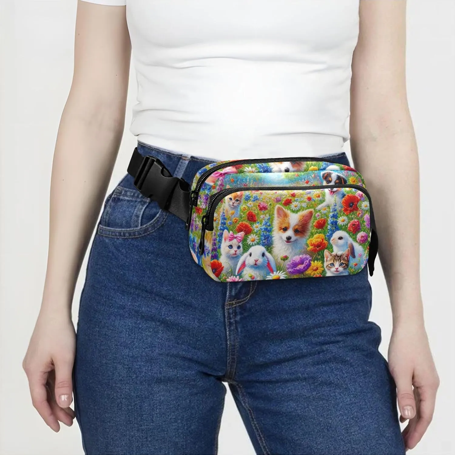 Cute Pets Colorful Floral Field Womens Fanny Pack Waterproof Hip Pack Belt Pouch Trendy Waist Pack for Women