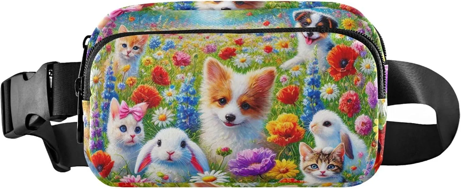 Cute Pets Colorful Floral Field Womens Fanny Pack Waterproof Hip Pack Belt Pouch Trendy Waist Pack for Women