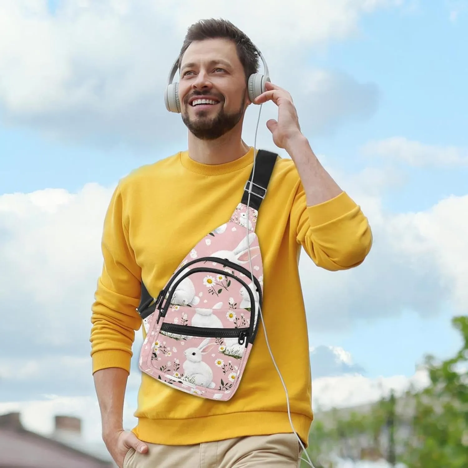 Cute spring easter rabbit daisy Sling Backpack Bag