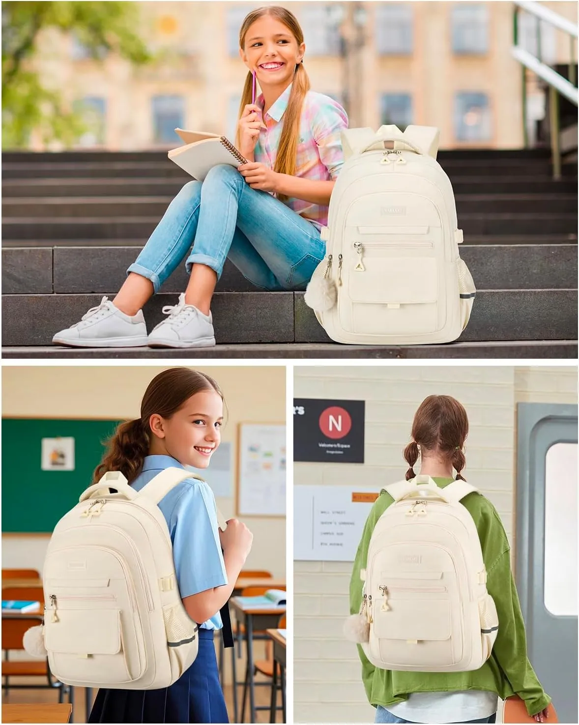 Cute Teen Girls Backpack, Big Student School Backpack Laptop Bookbag for College Women Aesthetic Middle High School Bag, Mochilas Escolares, Beige