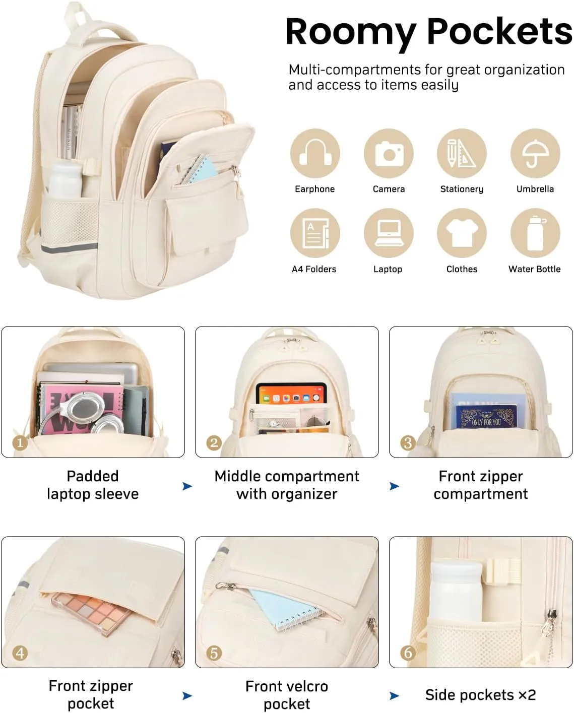 Cute Teen Girls Backpack, Big Student School Backpack Laptop Bookbag for College Women Aesthetic Middle High School Bag, Mochilas Escolares, Beige