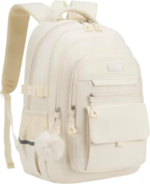 Cute Teen Girls Backpack, Big Student School Backpack Laptop Bookbag for College Women Aesthetic Middle High School Bag, Mochilas Escolares, Beige