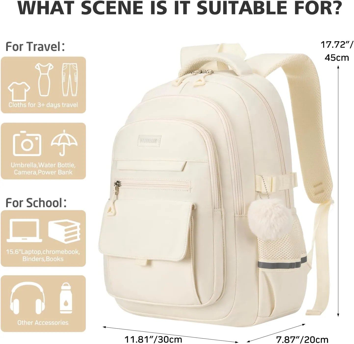 Cute Teen Girls Backpack, Big Student School Backpack Laptop Bookbag for College Women Aesthetic Middle High School Bag, Mochilas Escolares, Beige
