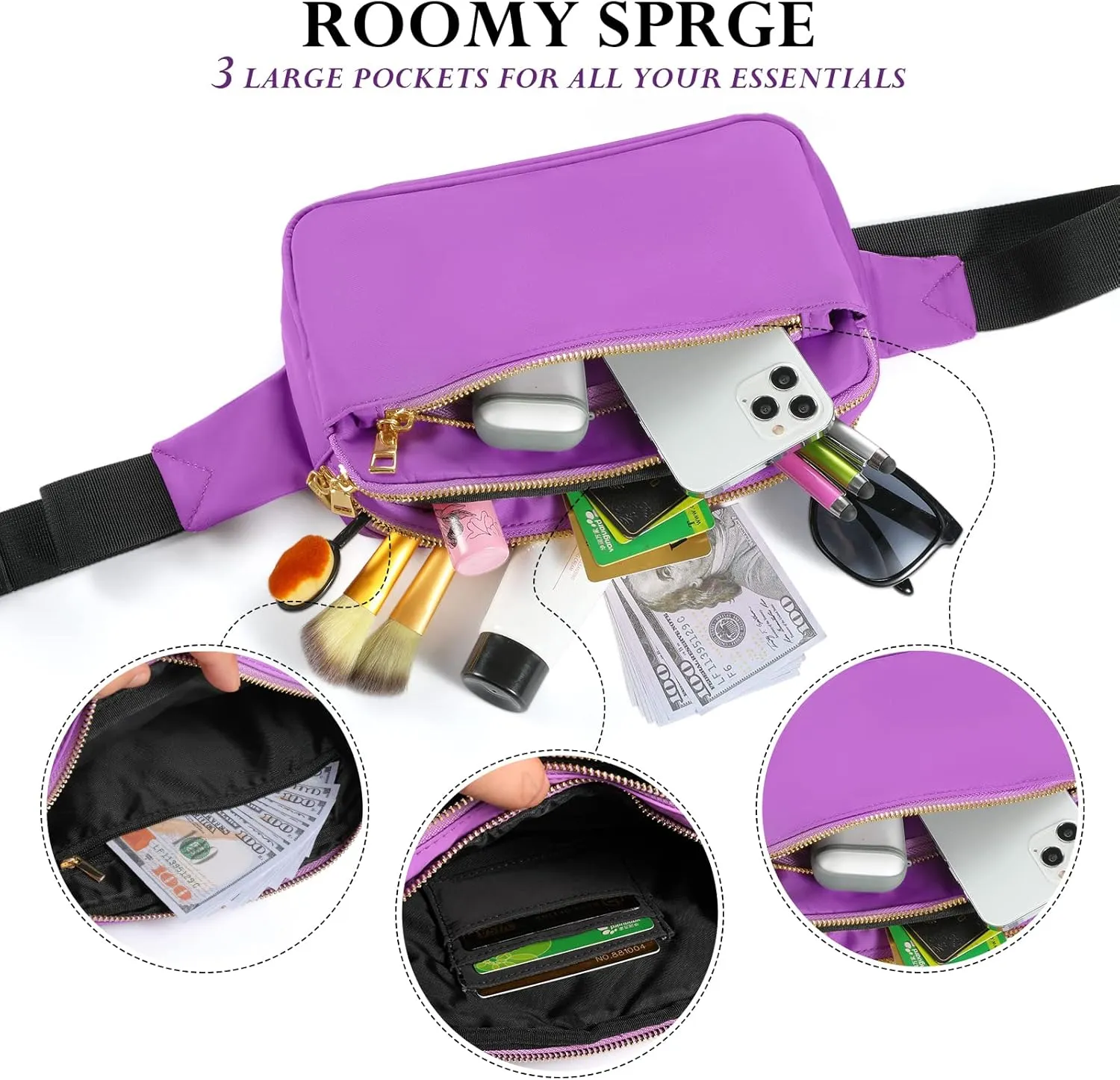 CXWMZY Fanny Packs for Women & Men, Fashion Waist Bag Hip Bum Bag with Multi-Pockets Large Capacity Cute Fanny Pack Casual Bum Bag for Disney Traveling Shopping Casual Cycling Running (Purple)