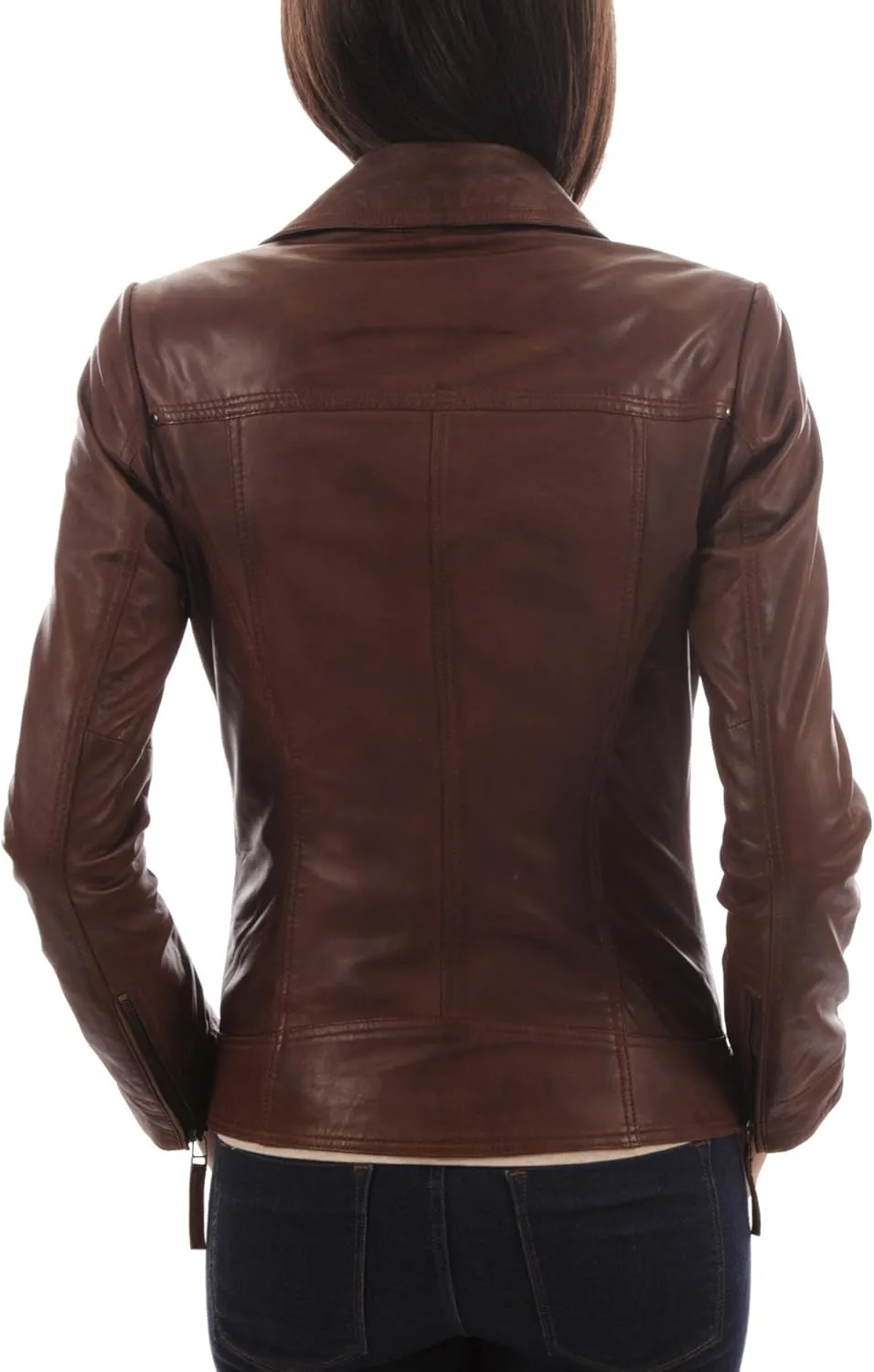 D DOLLY LAMB Women's Lambskin Leather Moto Biker Jacket - Winter Wear - Round Neck Collar