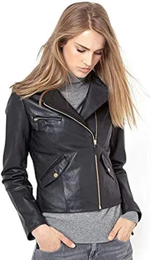 D DOLLY LAMB Women's Lambskin Leather Moto Biker Jacket - Winter Wear - Round Neck Collar