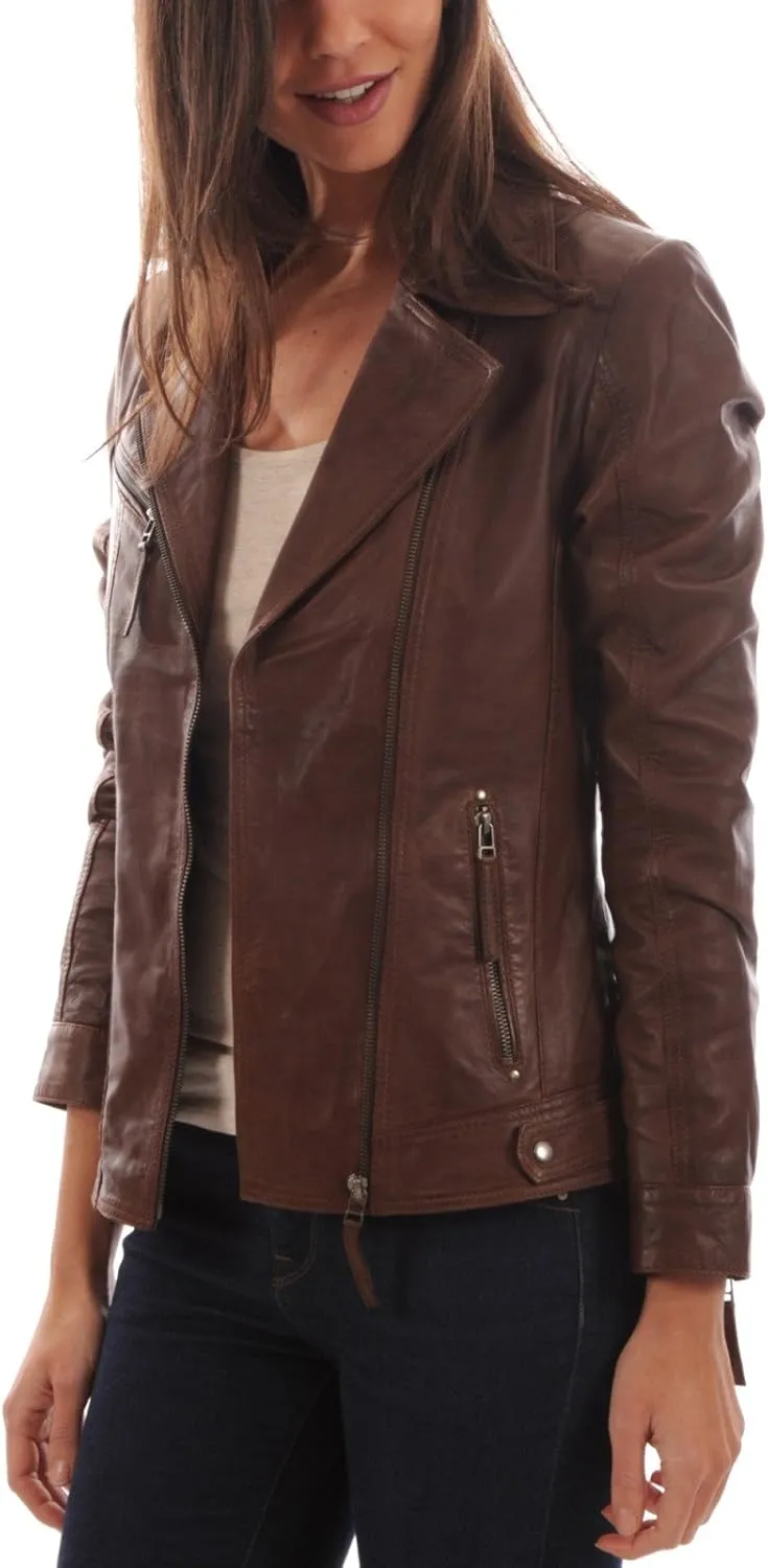 D DOLLY LAMB Women's Lambskin Leather Moto Biker Jacket - Winter Wear - Round Neck Collar