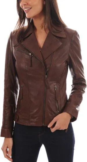D DOLLY LAMB Women's Lambskin Leather Moto Biker Jacket - Winter Wear - Round Neck Collar