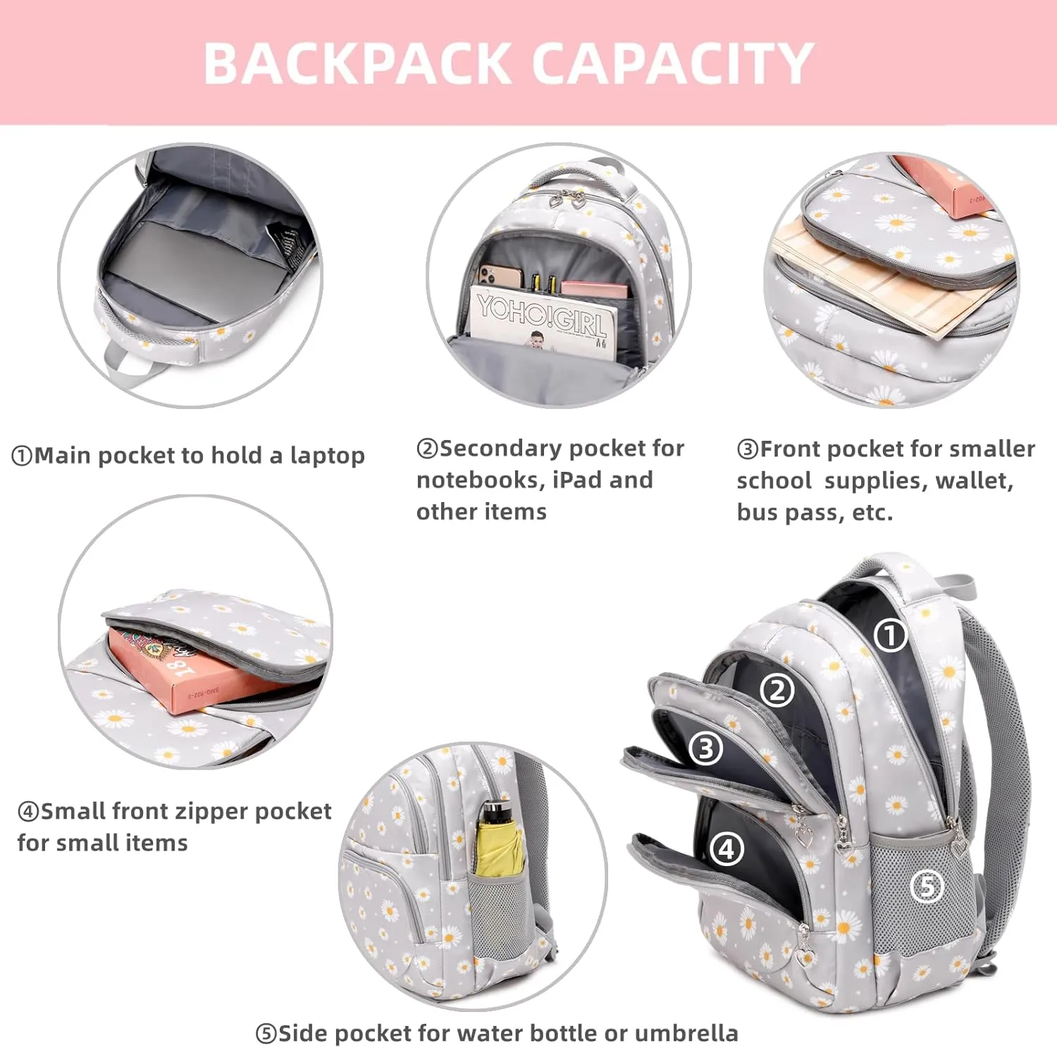 Daisy Kids Backpack for Girls, Multi Pocket School Bags with Lunch Box for Elementary, Teen Girls Bookbag Set