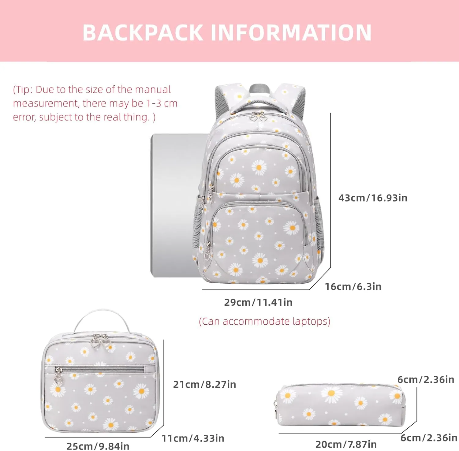 Daisy Kids Backpack for Girls, Multi Pocket School Bags with Lunch Box for Elementary, Teen Girls Bookbag Set