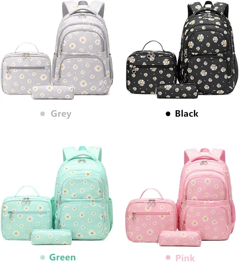 Daisy Kids Backpack for Girls, Multi Pocket School Bags with Lunch Box for Elementary, Teen Girls Bookbag Set
