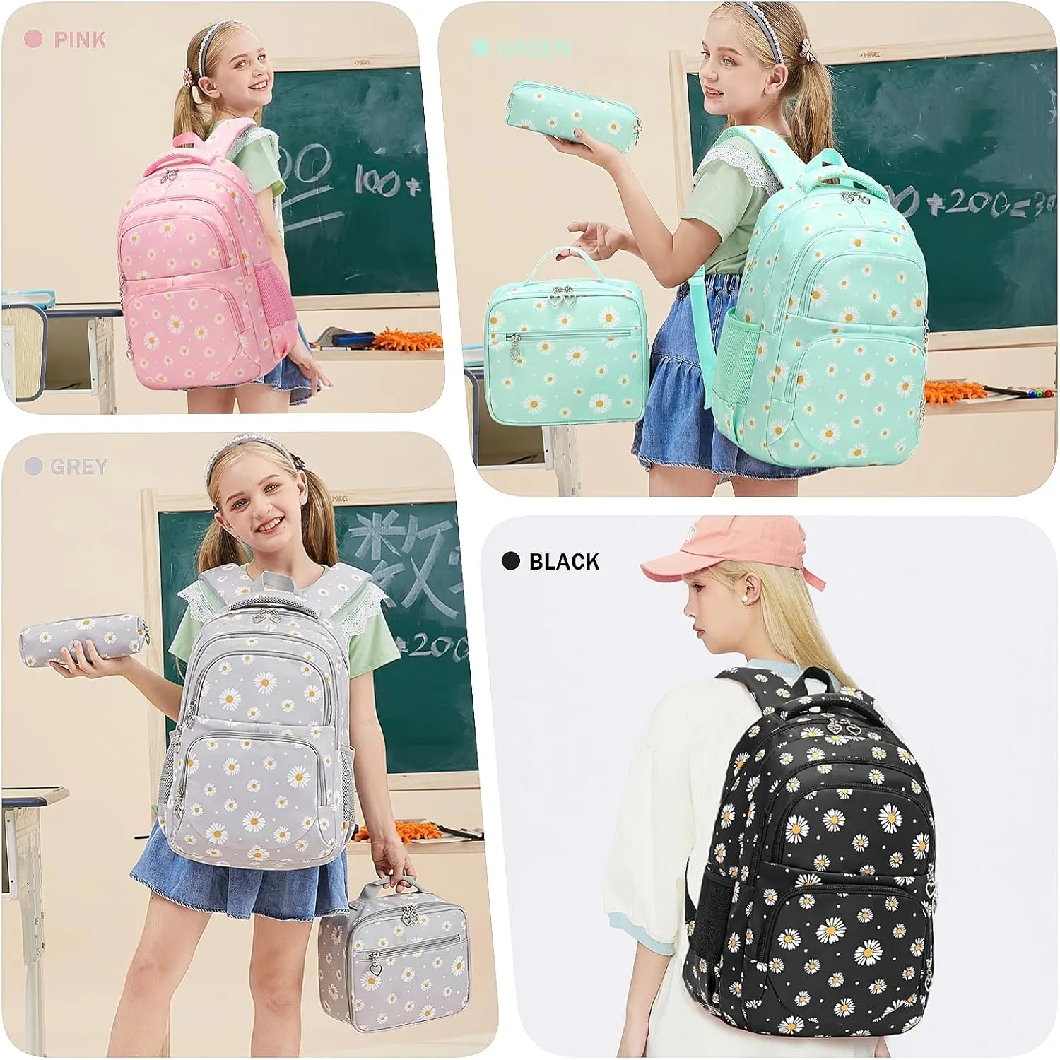 Daisy Kids Backpack for Girls, Multi Pocket School Bags with Lunch Box for Elementary, Teen Girls Bookbag Set