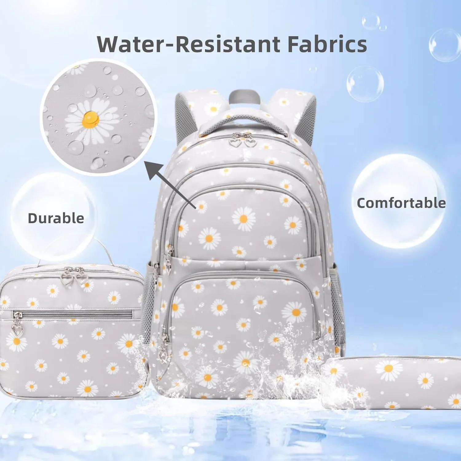 Daisy Kids Backpack for Girls, Multi Pocket School Bags with Lunch Box for Elementary, Teen Girls Bookbag Set