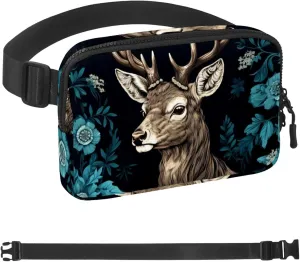 Dark Green Flower Deer Crossbody Fanny Pack for Men&Women,Belt Bag for Travel Casual Walking Running Hiking Cycling
