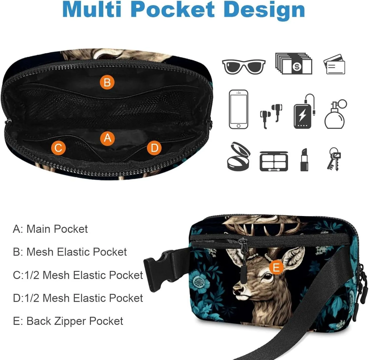 Dark Green Flower Deer Crossbody Fanny Pack for Men&Women,Belt Bag for Travel Casual Walking Running Hiking Cycling