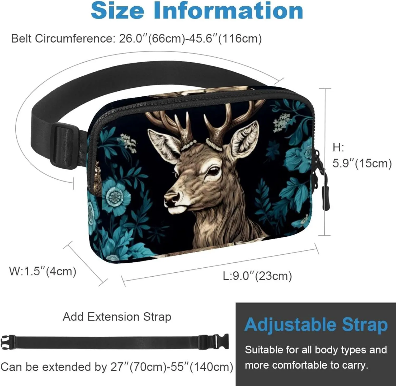 Dark Green Flower Deer Crossbody Fanny Pack for Men&Women,Belt Bag for Travel Casual Walking Running Hiking Cycling