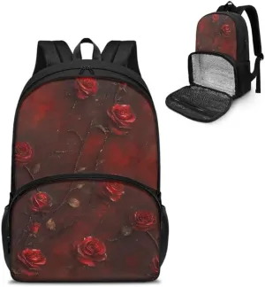 Darkness Thorn Rose Insulated Cooler Backpack Lunch Box Retro Relief Red Roses Leak Proof Lunch Bag Laptop Backpacks Gothic Style Flower for Work Picnic College Travel