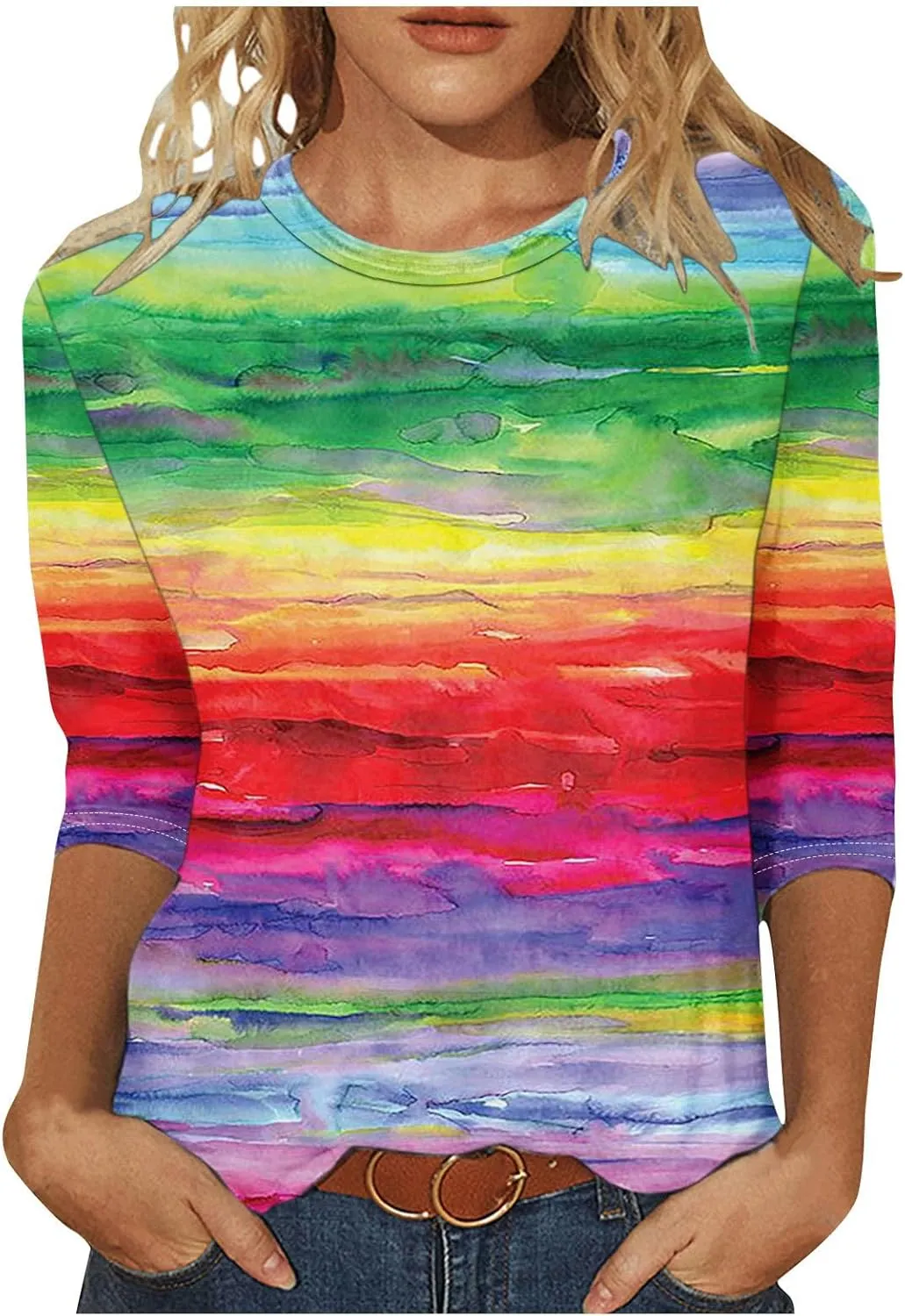 DASAYO Womens Fashion 2024 3/4 Sleeve Shirts Crewneck Casual Plus Size Tops for Women Trendy Tie Die Print Going Out Tops