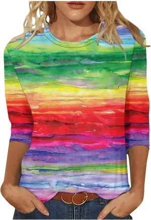 DASAYO Womens Fashion 2024 3/4 Sleeve Shirts Crewneck Casual Plus Size Tops for Women Trendy Tie Die Print Going Out Tops