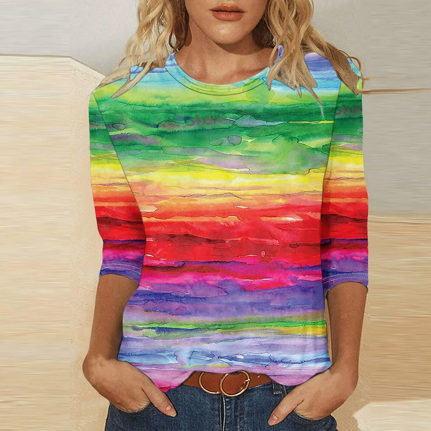 DASAYO Womens Fashion 2024 3/4 Sleeve Shirts Crewneck Casual Plus Size Tops for Women Trendy Tie Die Print Going Out Tops